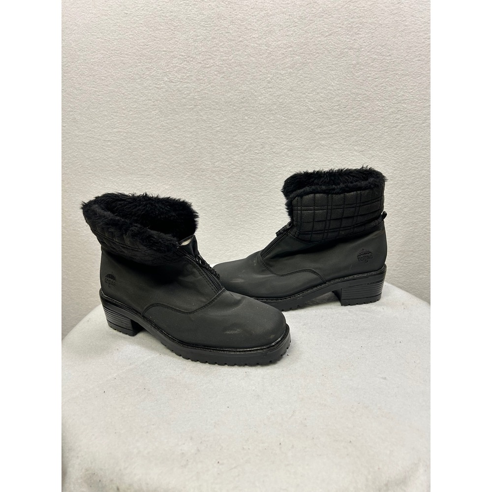 Totes Zippy Silkatex Winter Boots Womens 8 Black Faux Fur Trim Front Zip Quilted